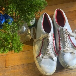 TORY BURCH SPORT RED WHITE LEATHER RUFFLE Sneakers LUX GORG 💚ED RARE COMFY